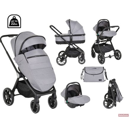 Cangaroo-Moni CHRISTIANO multifunkciós babakocsi szett 3in1 lapra csukható, alu váz, 22kg ig - SZÜRKE