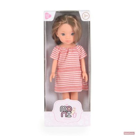 Moni Toys BABA 33 cm hajasbaba csíkos ruhás, barna 