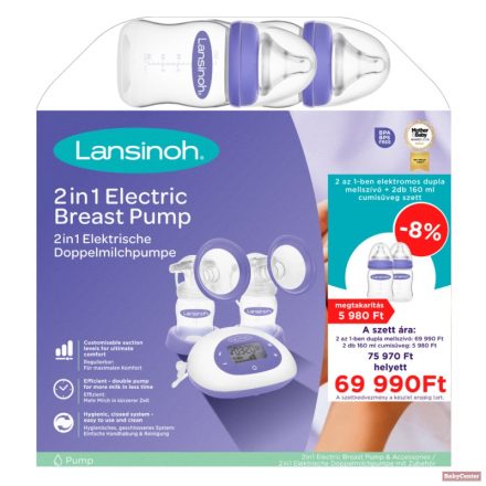 Lansinoh 2 az 1-ben elektromos mellszívó dupla + 2 db 160ml cumisüveg szettben