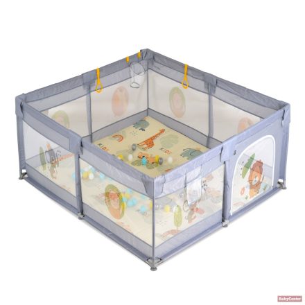 Moni GAMEZONE összecsukható járóka játszószőnyeggel, 60db labdával (120×120 cm) - szürke