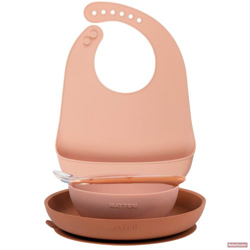 Nattou prémium étkészlet (2db tányér,kanál,előke) szilikon 4 részes - pink