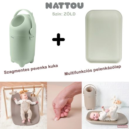 Nattou pelenkázó lap Softy 70x50cm és Dropy pelenka kuka szett egyben - zöld
