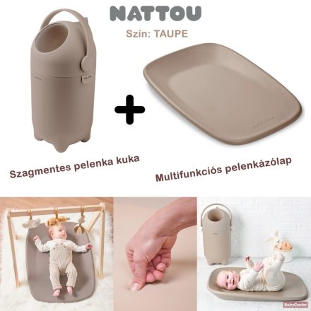 Nattou pelenkázó lap Softy 70x50cm és Dropy pelenka kuka szett egyben - taupe