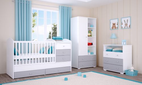 Timba Erik 70x140 - as heverővé alakítható Zárt végű Gyermekágy Ágyneműtartós - Ezüst,fehér