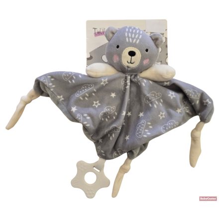 Tulilo plüss csörgős szundikendő rágókával szürke maci- 25 cm